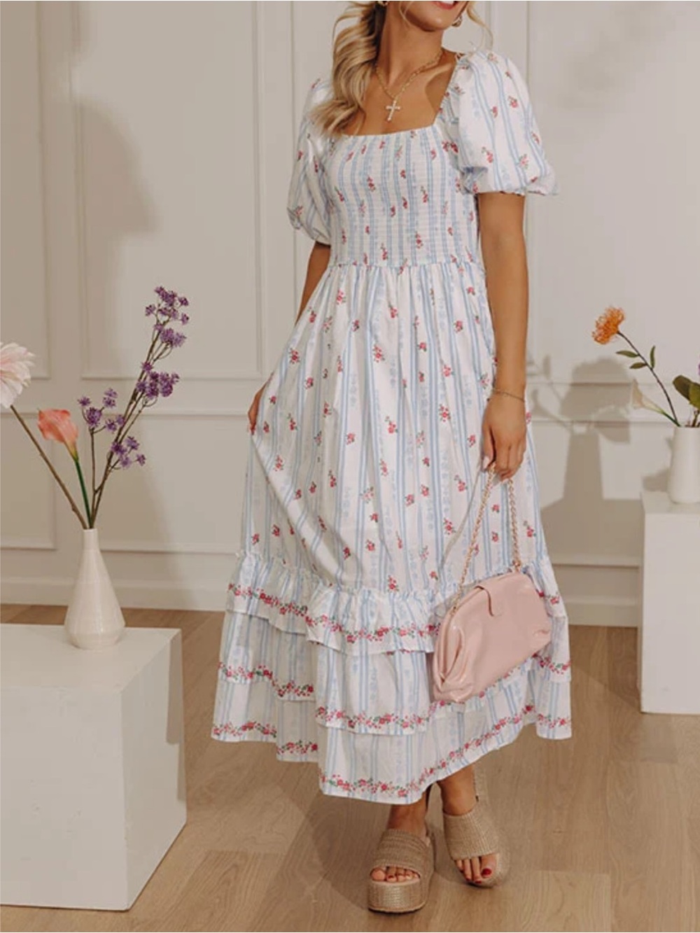 Peach Love Puff Sleeve Smocked Midi Dress Cottagecore Floral Shabby Chic NWT